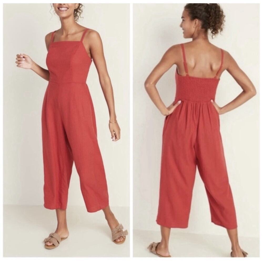 Old Navy Rust-Red Wide Leg Smocked-Back Jumpsuit